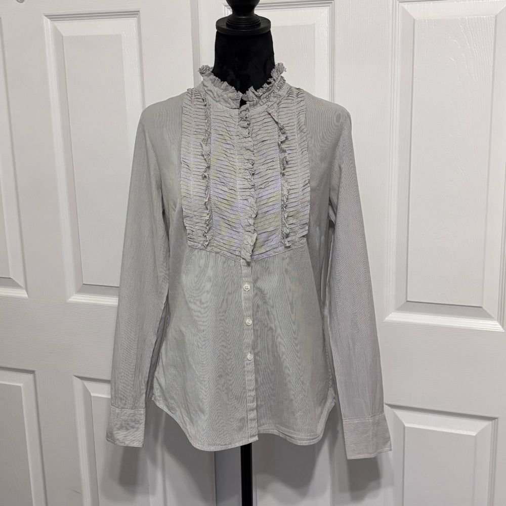 J. Crew Women’s Grey Gray Ruffled Mock Neckline Button Down Dress Shirt size 4